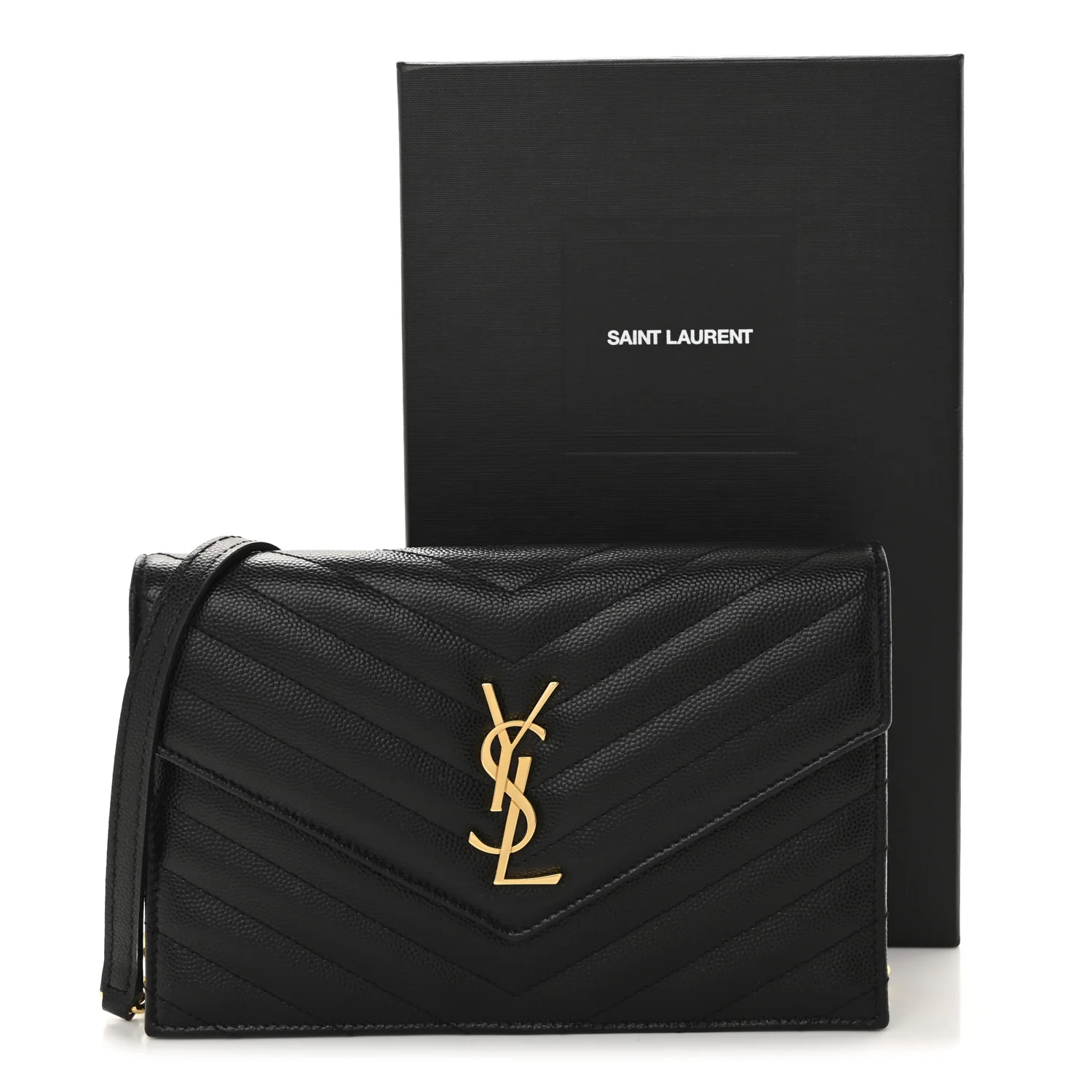 Grain De Poudre Matelasse Chevron Monogram Envelope Chain Wallet Black