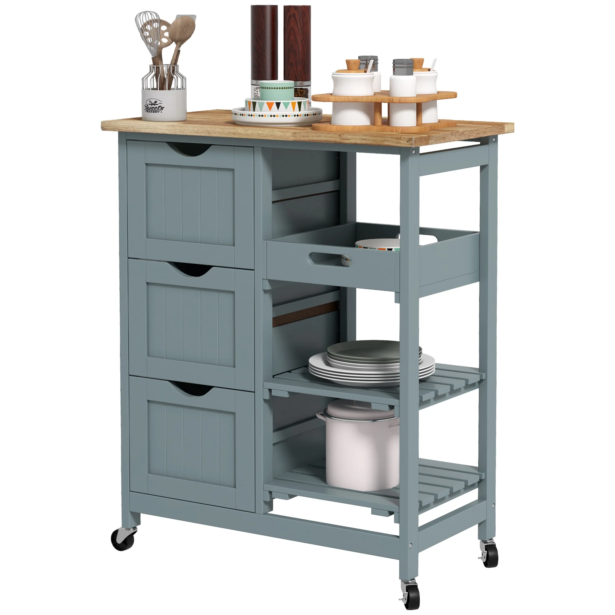 Wood Top Kitchen Island with Shelves and Drawers and Wheels, Rolling Bar Serving Cart for Home, Kithen, Bar, Dining Room, Light Blue(Light Blue) - Image 10