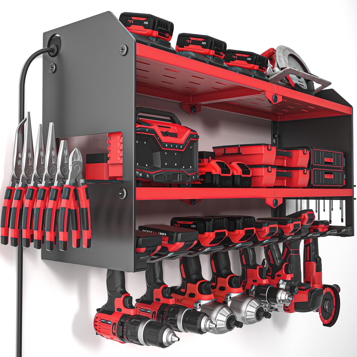 YYR Power Tool Organizer with Charging Station Wall Mount, Cordless Drill and Battery Holder for Garage Organization, Electric Tools Storage Rack with Built-in Surge Protection Power Strip - Red Shelf