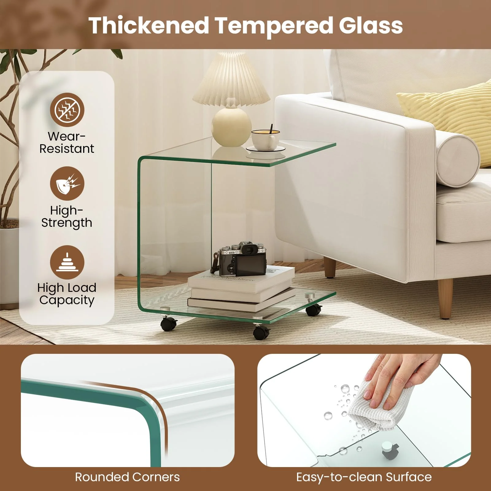Tangkula Modern C-Shaped Tempered Glass Side Table