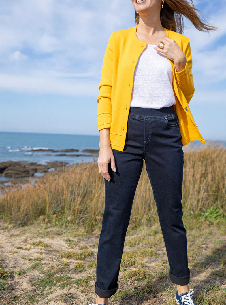 Veste courte femme en laine jaune soleil