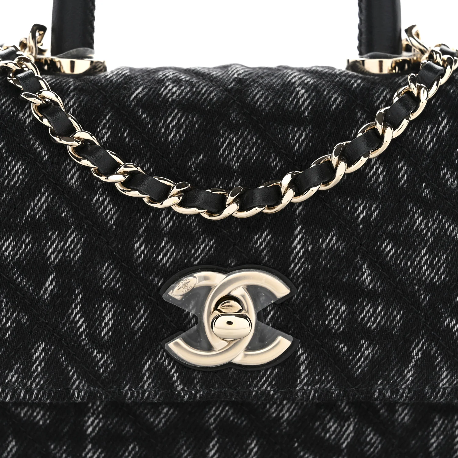 Washed Denim Quilted Coco Handle Clutch With Chain Black