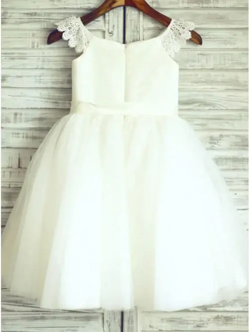 A-Line Round Neck White Flower Girl Dress with Sash Lace DMP26