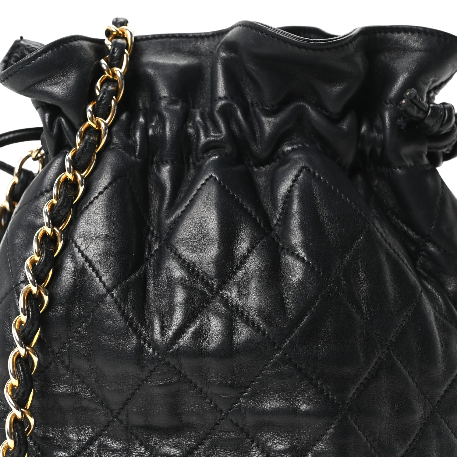 Lambskin Quilted Mini Drawstring Bucket Bag Black