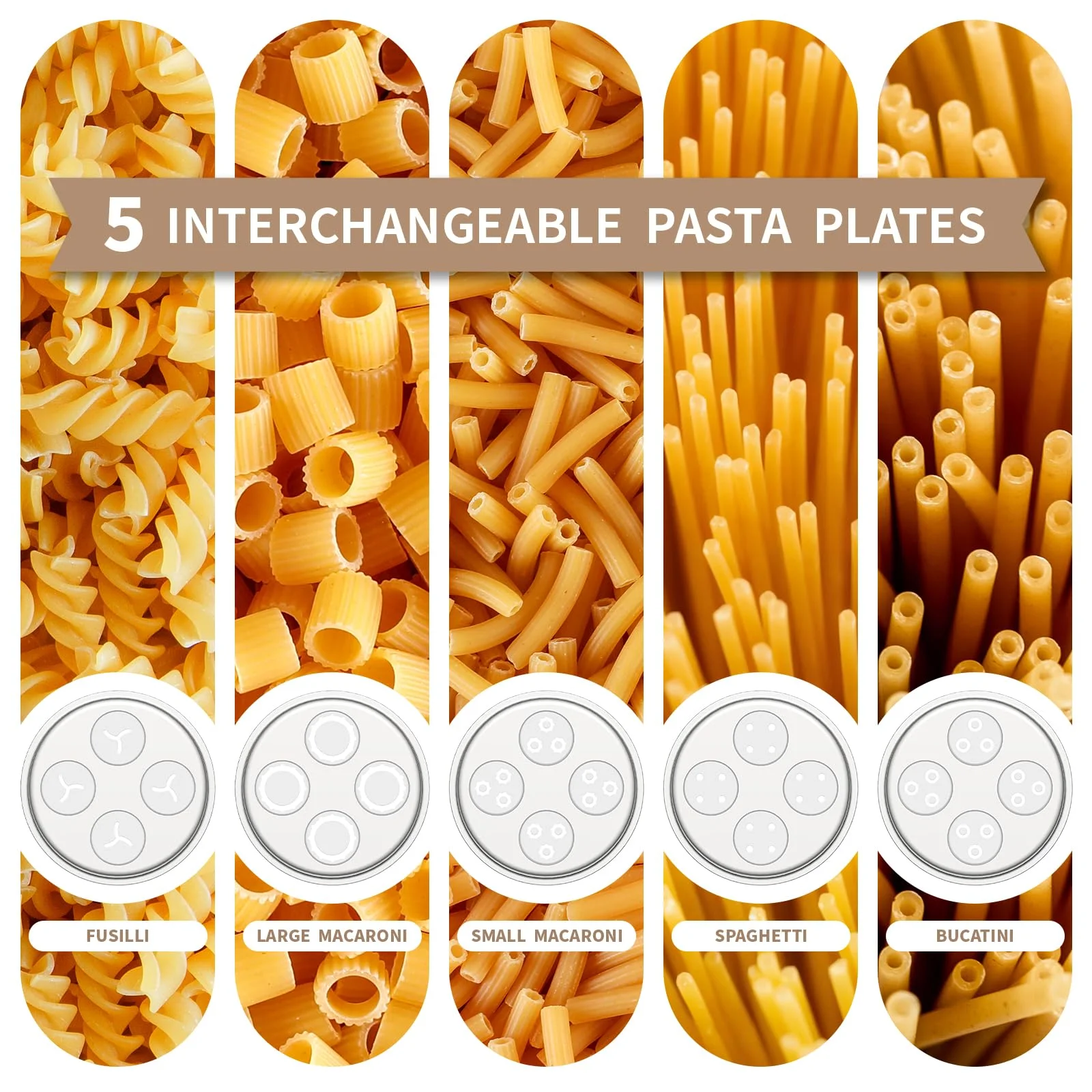Metal Gourmet Pasta Press Attachment for Stand Mixer, Pasta Maker Attachment with 5 Interchangeable Plates, Spaghetti Bucatini Fusilli Large/Small Macaroni - Image 3