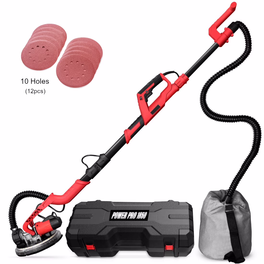 POWER PRO 1850 Electric Drywall Sander - Variable Speed 1000-1850rpm, 750 Watts, with Automatic Vacuum System, LED Light, and Hard Tool Case