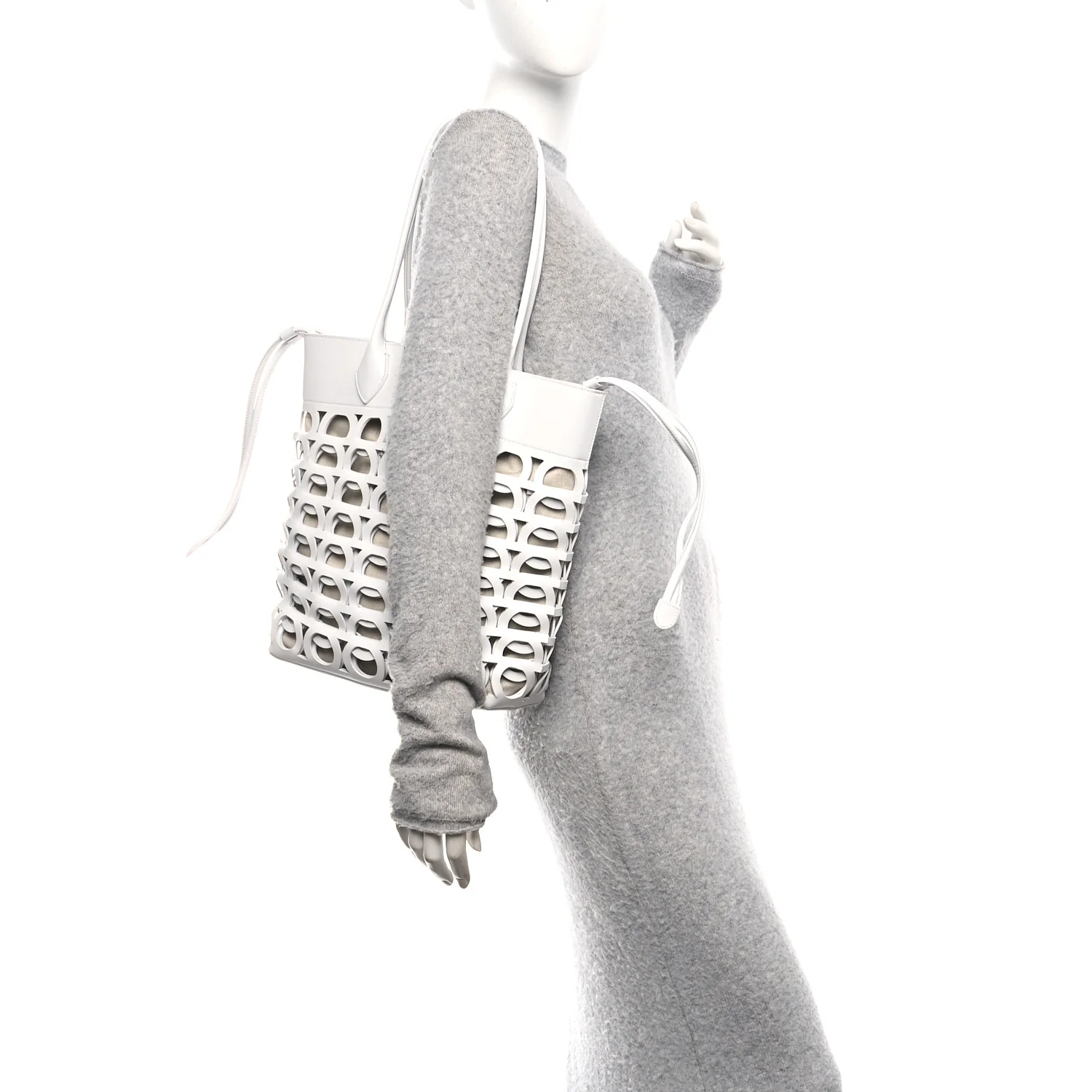 Calfskin Perforated Medium Gancini Tote Bag Optic White