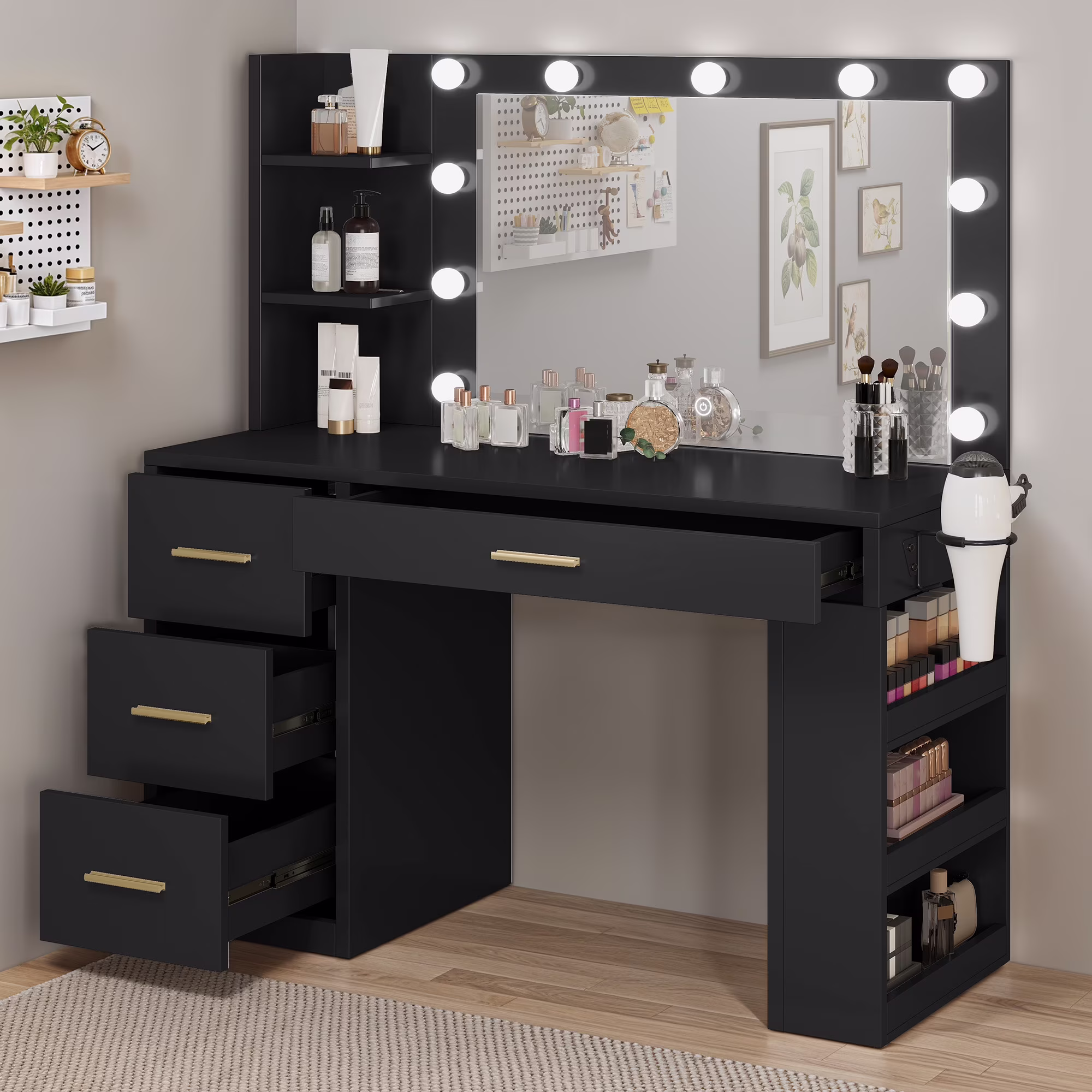 Makeup Vanity Desk with Mirror Lights, Vanity Desk with 4 Drawers Storage Shelves White(White) - Image 3