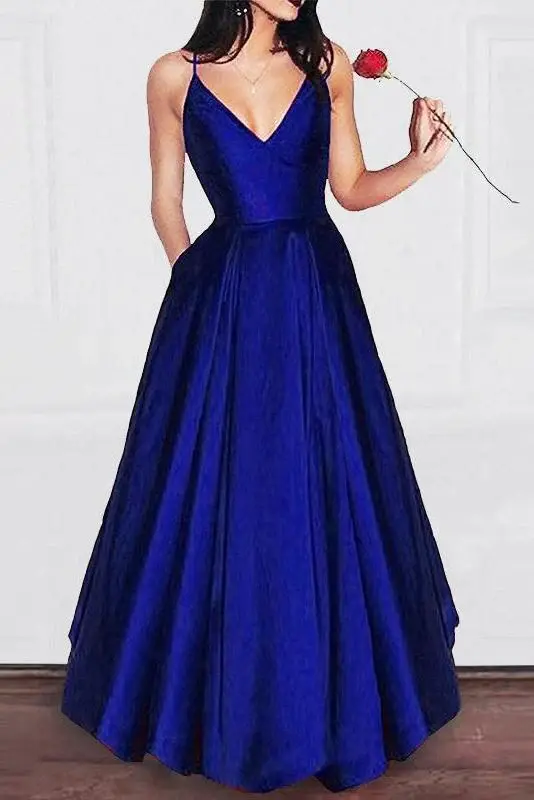 Charming A Line V Neck Satin Spaghetti Straps Long Prom Dress,Girls Graduation Dresses DMB29