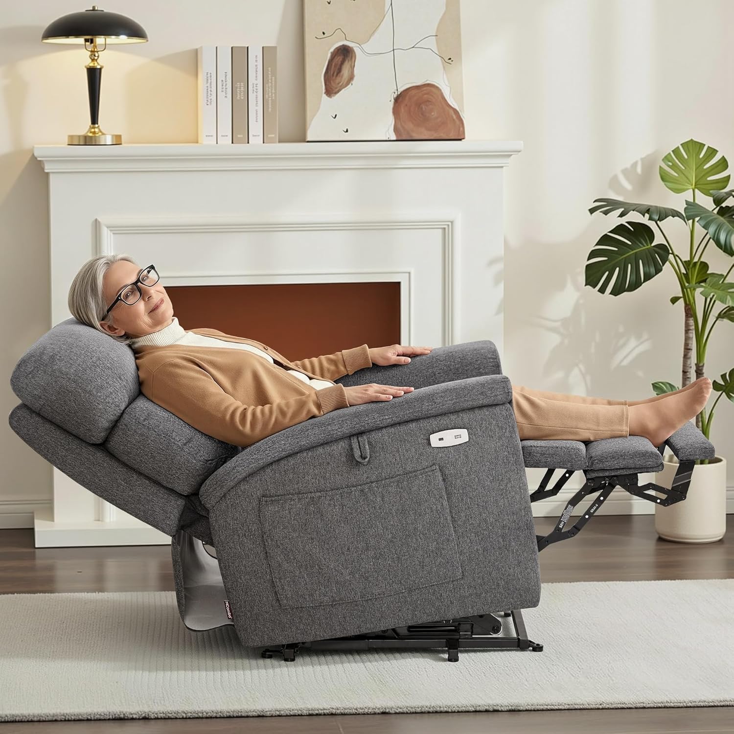 MCombo Power Lift Recliner Chair with Massage and Dual Heating, Adjustable Headrest, Extended Footrest for Elderly People, Fabric R7605 (Dark Grey)