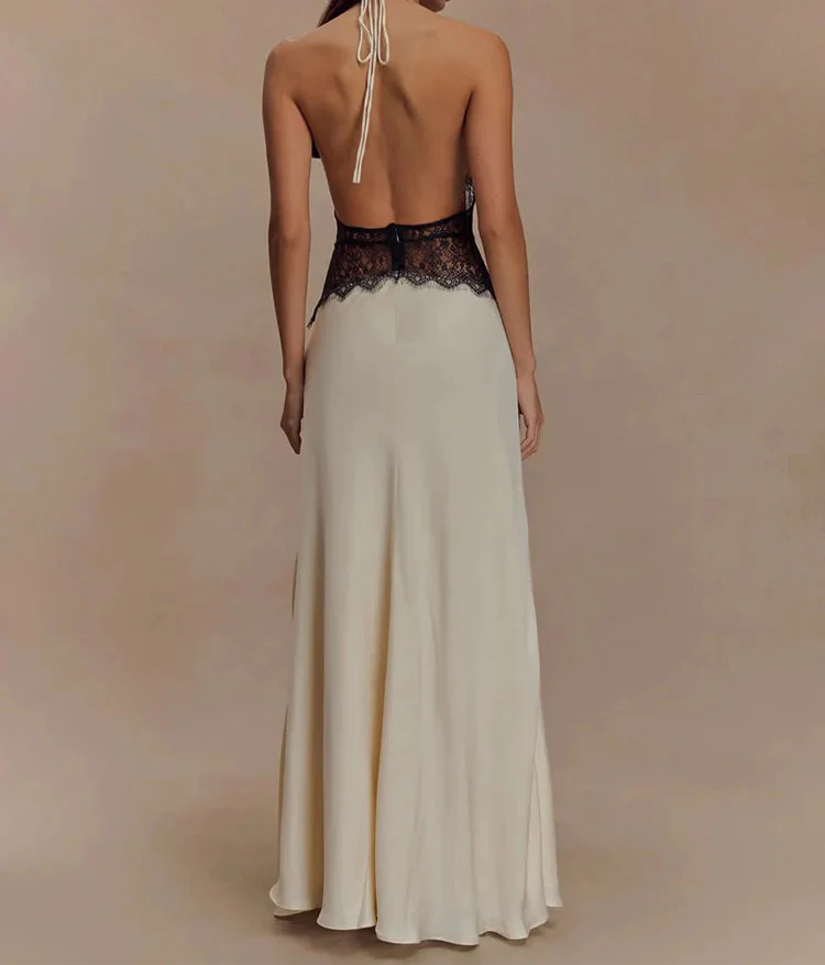 Robe Maxi Dos Nu à Panneaux en Dentelle et Col Halter