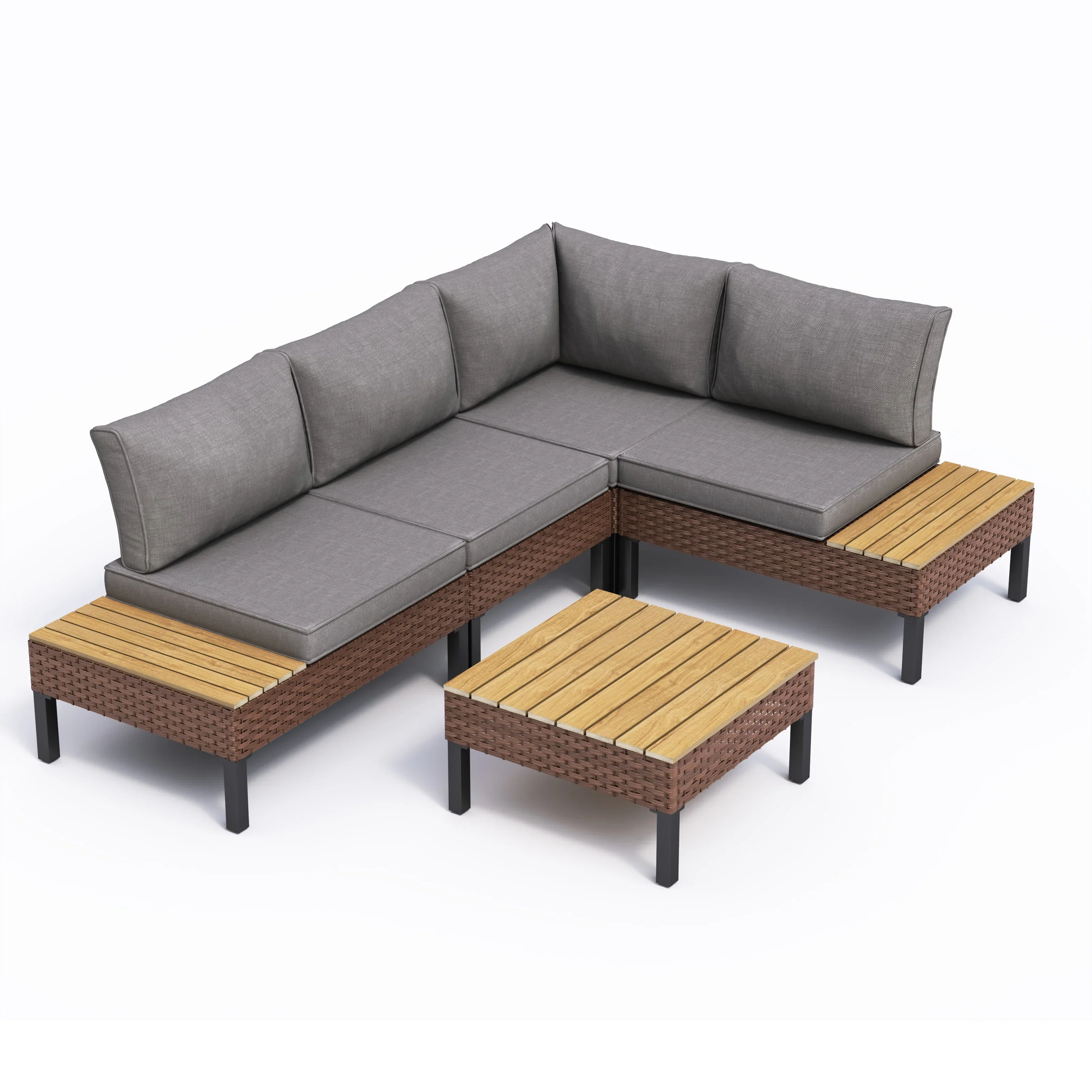 ELPOSUN L Shaped Conversation Sectional Sofa Set with Coffee Table, 5 Pieces Patio Furniture Seating Group with Side Table for Backyard Garden, Beige Grey