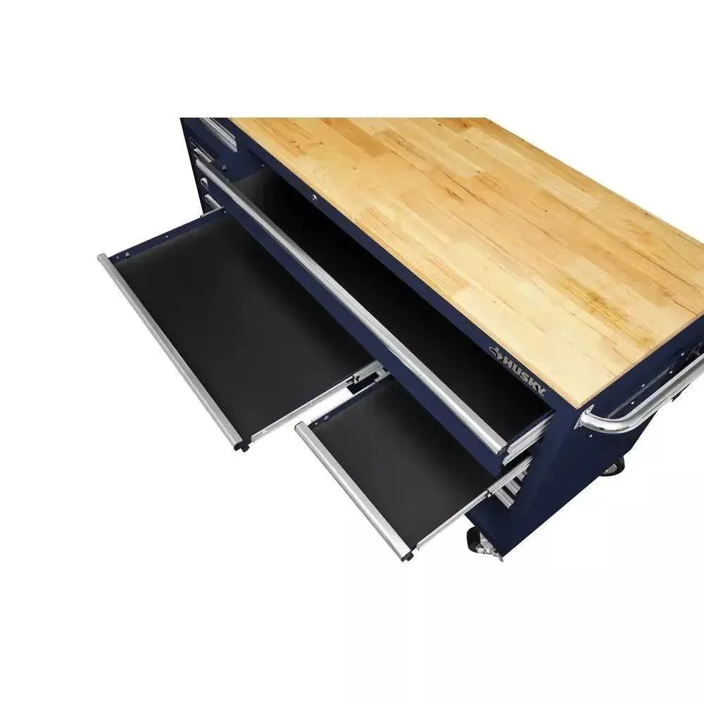 Établi mobile Husky 72 po à 18 tiroirs avec plateau en bois massif, finition bleu brillant