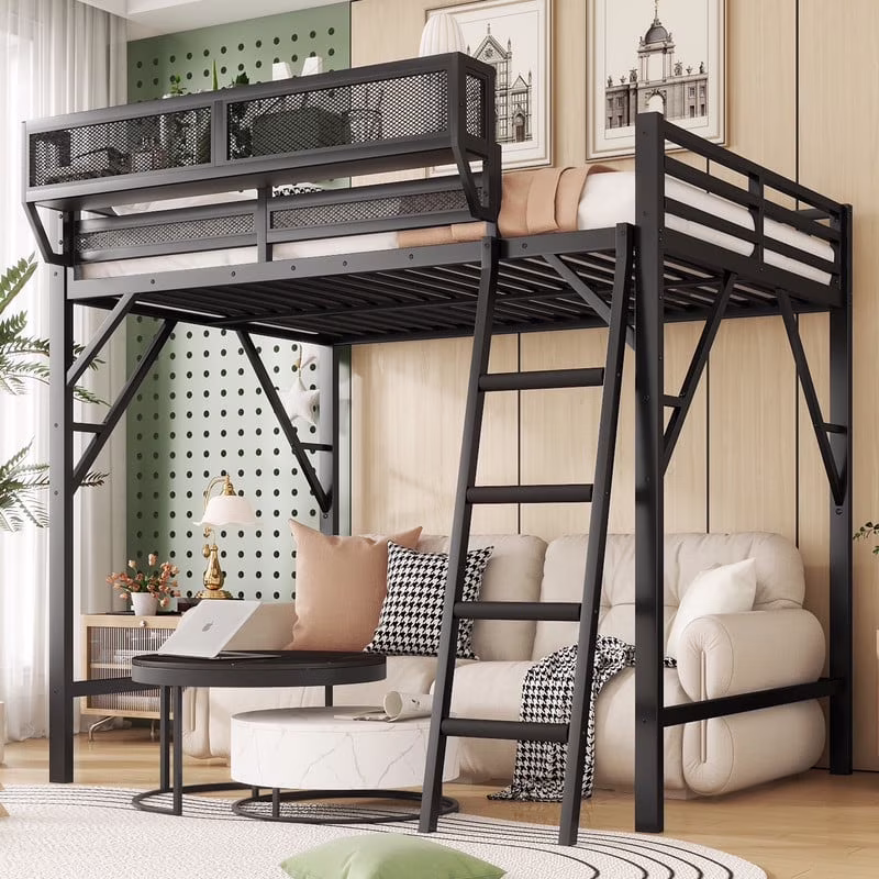Duxelifin Queen Size Metal Loft Bed Frame, Heavy Duty Steel High Loft Bed with Storage Shelves & Ladder, Space - Saving Loft Bed for Apartments, Adults, Teens & Juniors (Black)