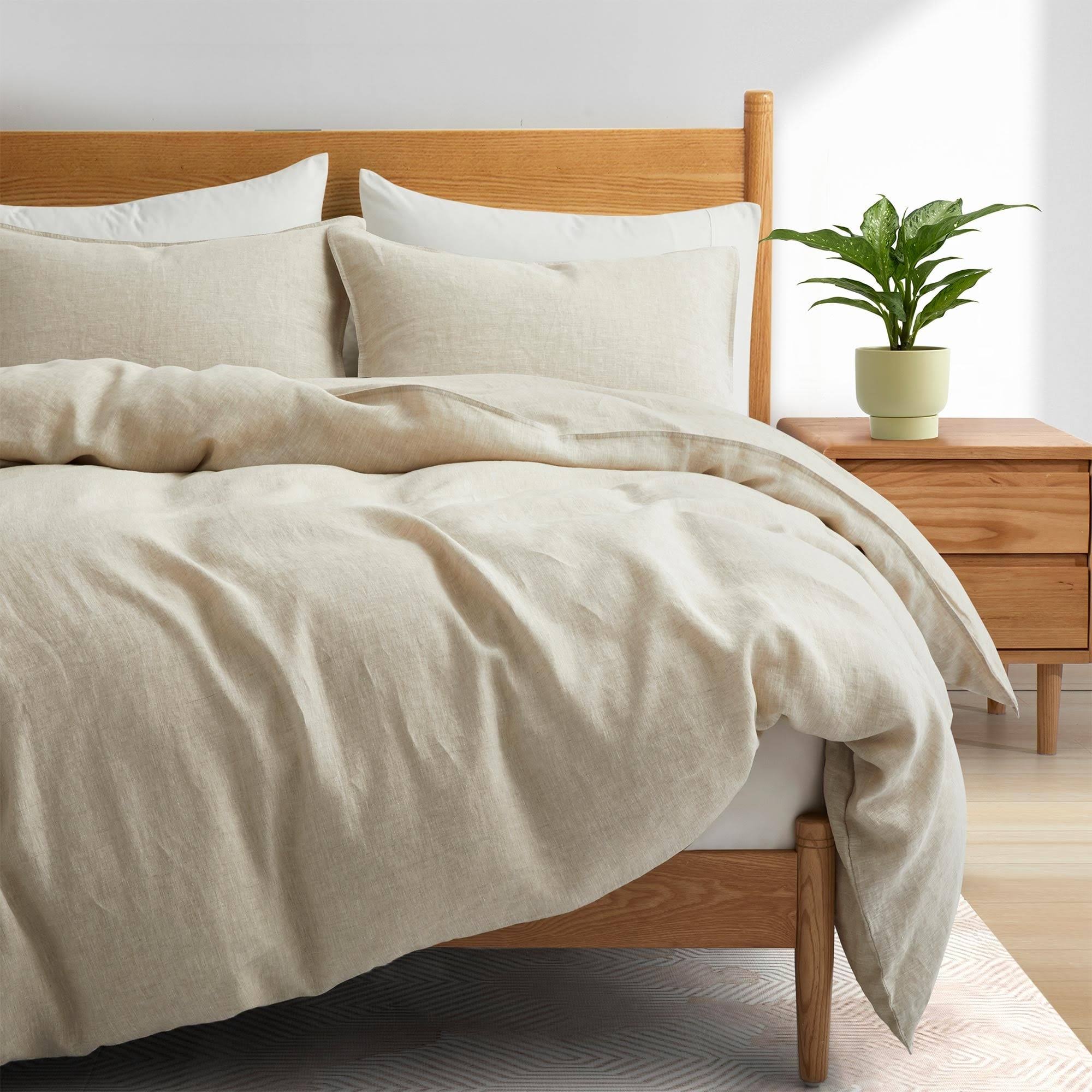 Premium Flax Linen Duvet Cover Set with Pillowcases Moisture Wicking and Breathable - Cream, Twin