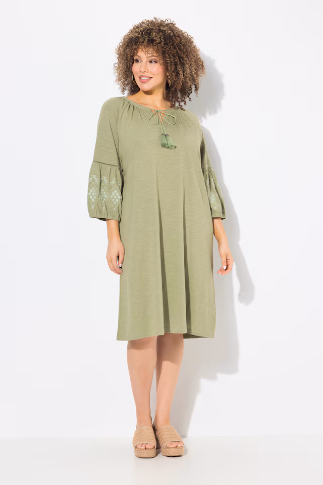 Embroidered Sleeve Split Neck Jersey Dress