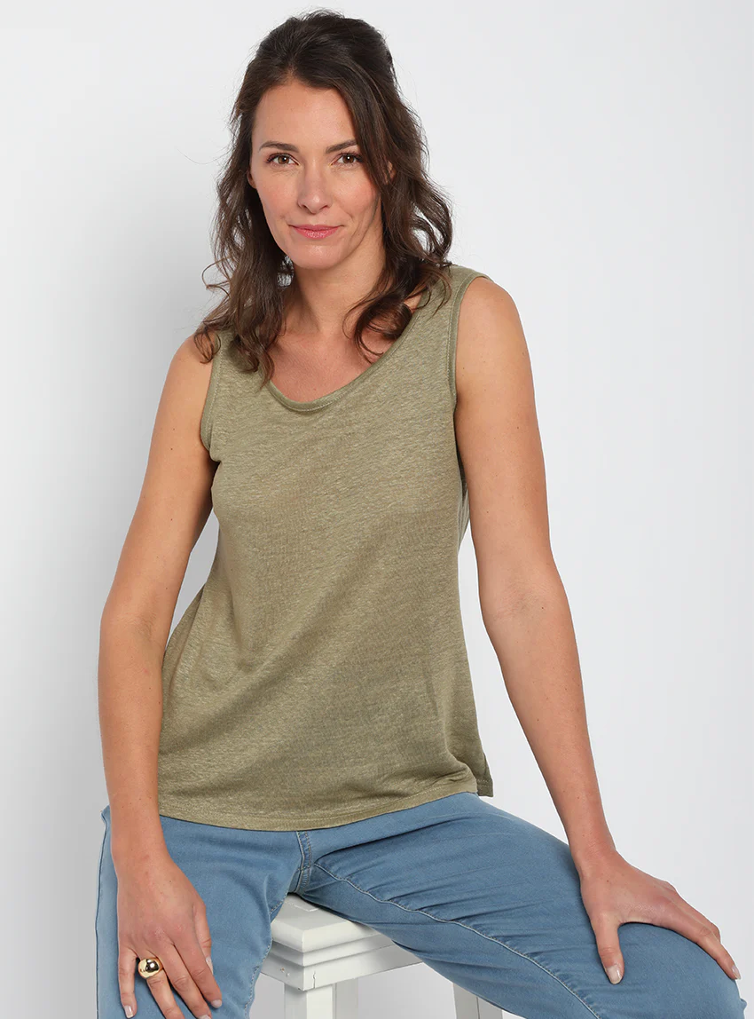 Débardeur femme en lin Vert Kaki