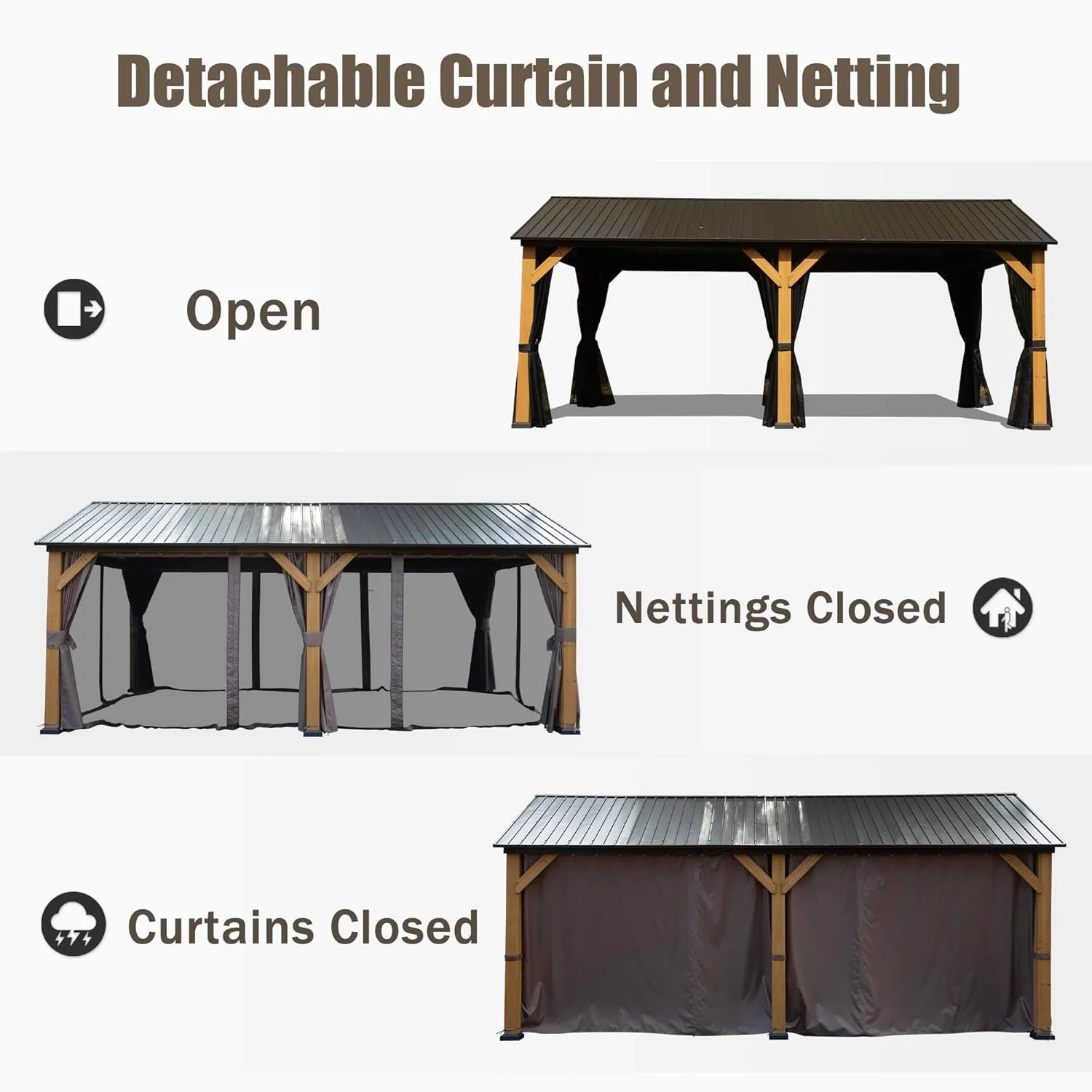 AECOJOY 12'x20' Wood Gazebo, Cedar Frame Hardtop Gazebo with Galvanized Steel Roof, Netting & Curtains