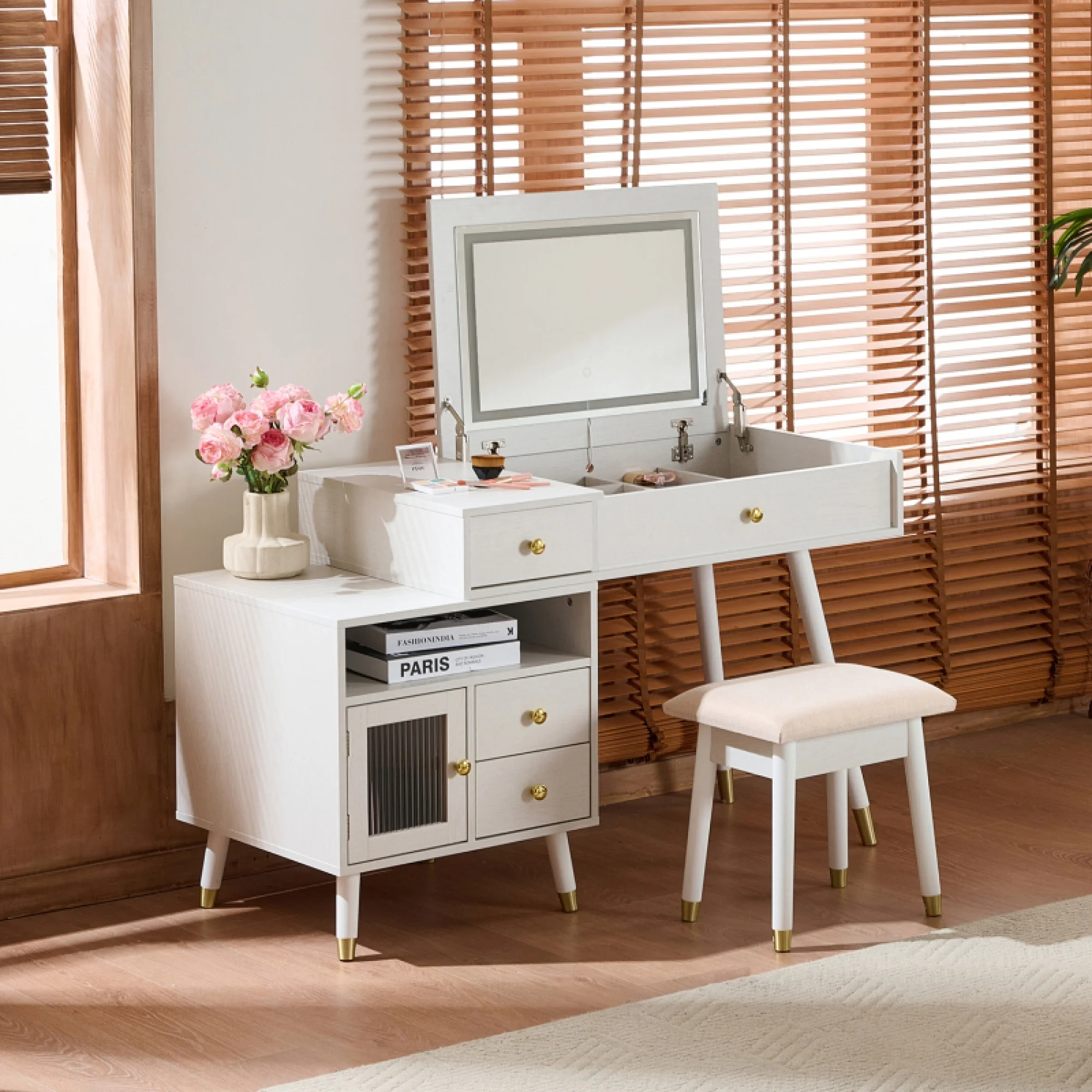 3-in-1 Vanity Desk with Lighted Flip-Top Mirror Adjustable Cabinet, Makeup Dressing Table with Stool, Dresser with Drawers for Bedroom, White(White) - Image 4