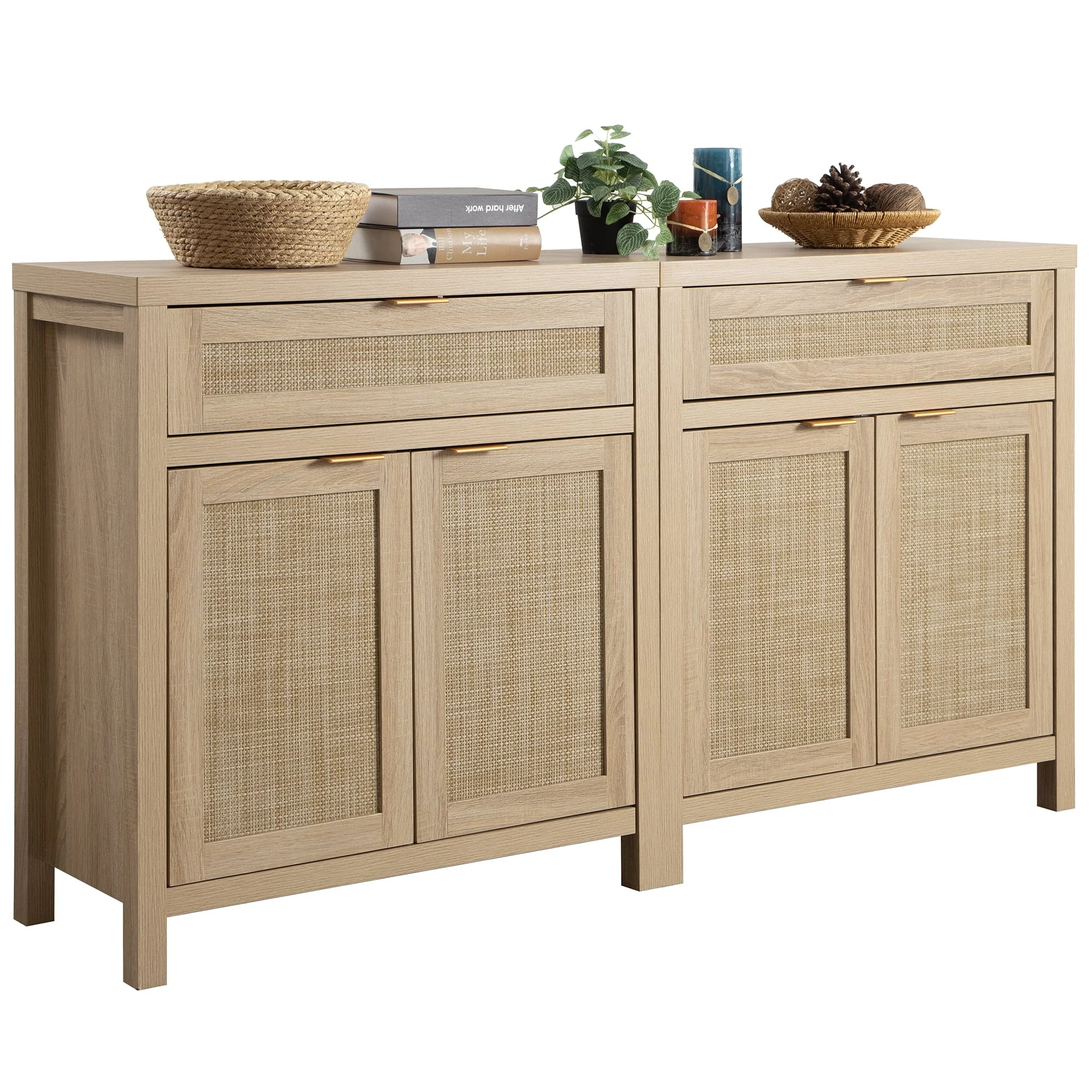 Nopurs Rattan Sideboard Buffet Cabinet Set of 2, Boho Storage Cabinet Buffet Table with Doors and Drawer, Coffee Bar Cabinet for Kitchen Entryway Living Dining Room, Light Oak