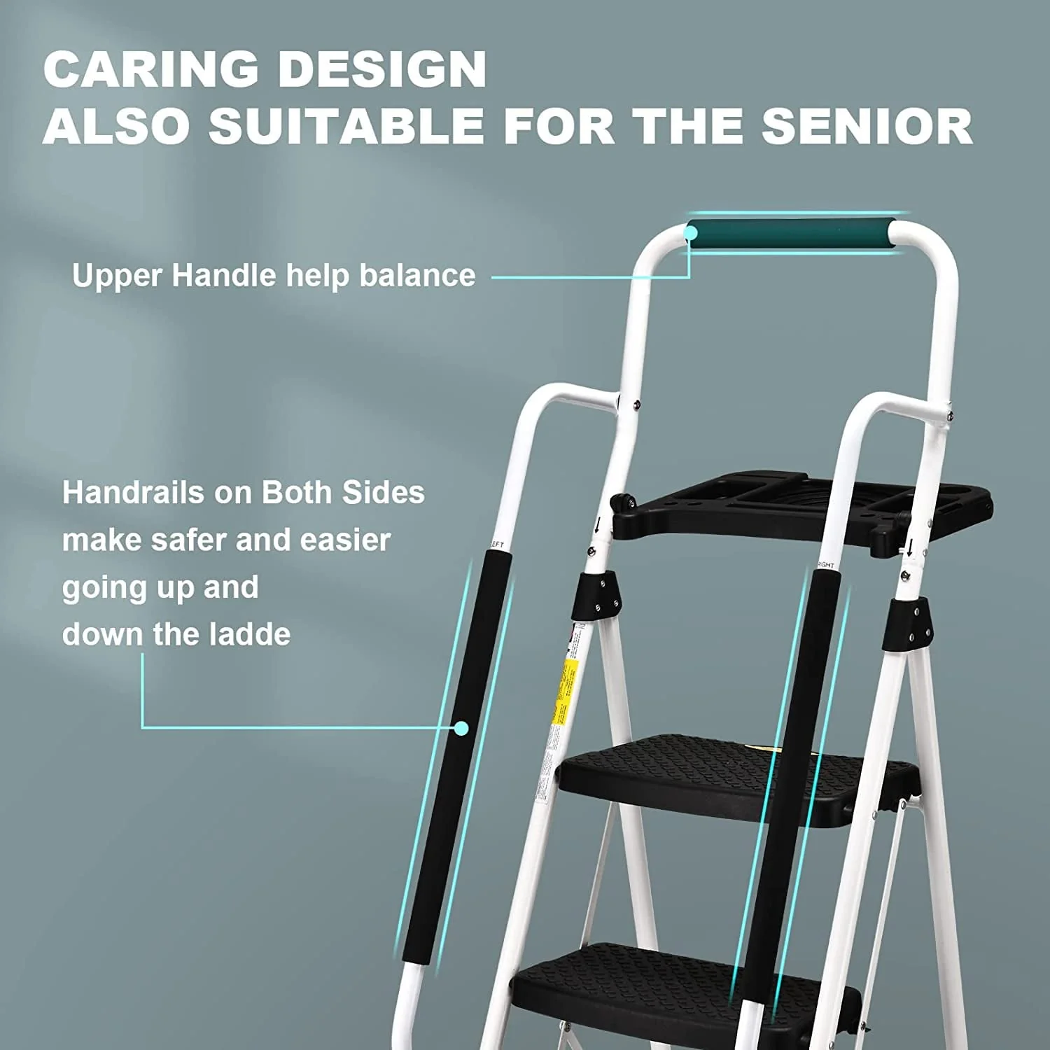 Folding 5-Step Ladder, 330lbs, with Handrails and Tool Tray and Anti-Slip Pedal, White - Image 4