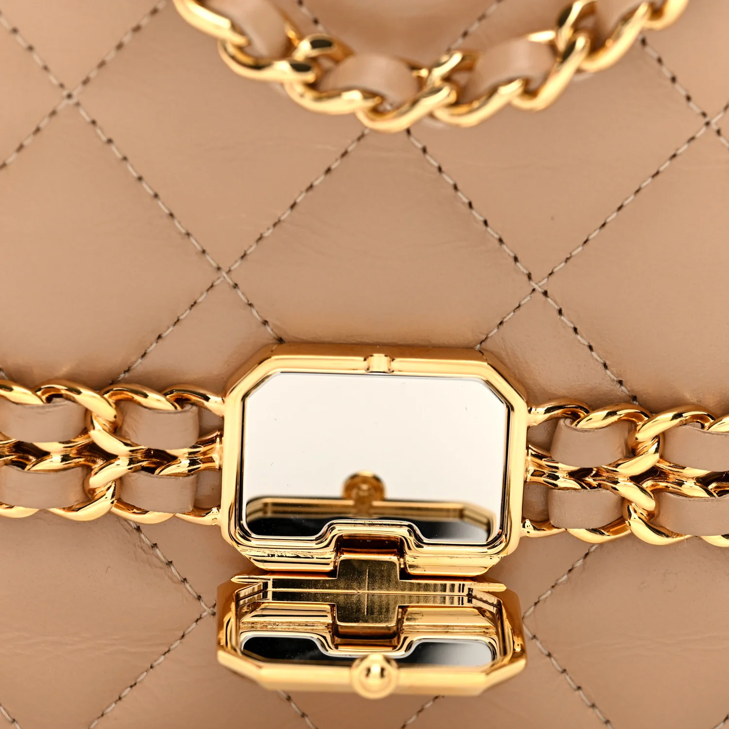 Shiny Aged Calfskin Quilted Clutch With Chain Dark Beige