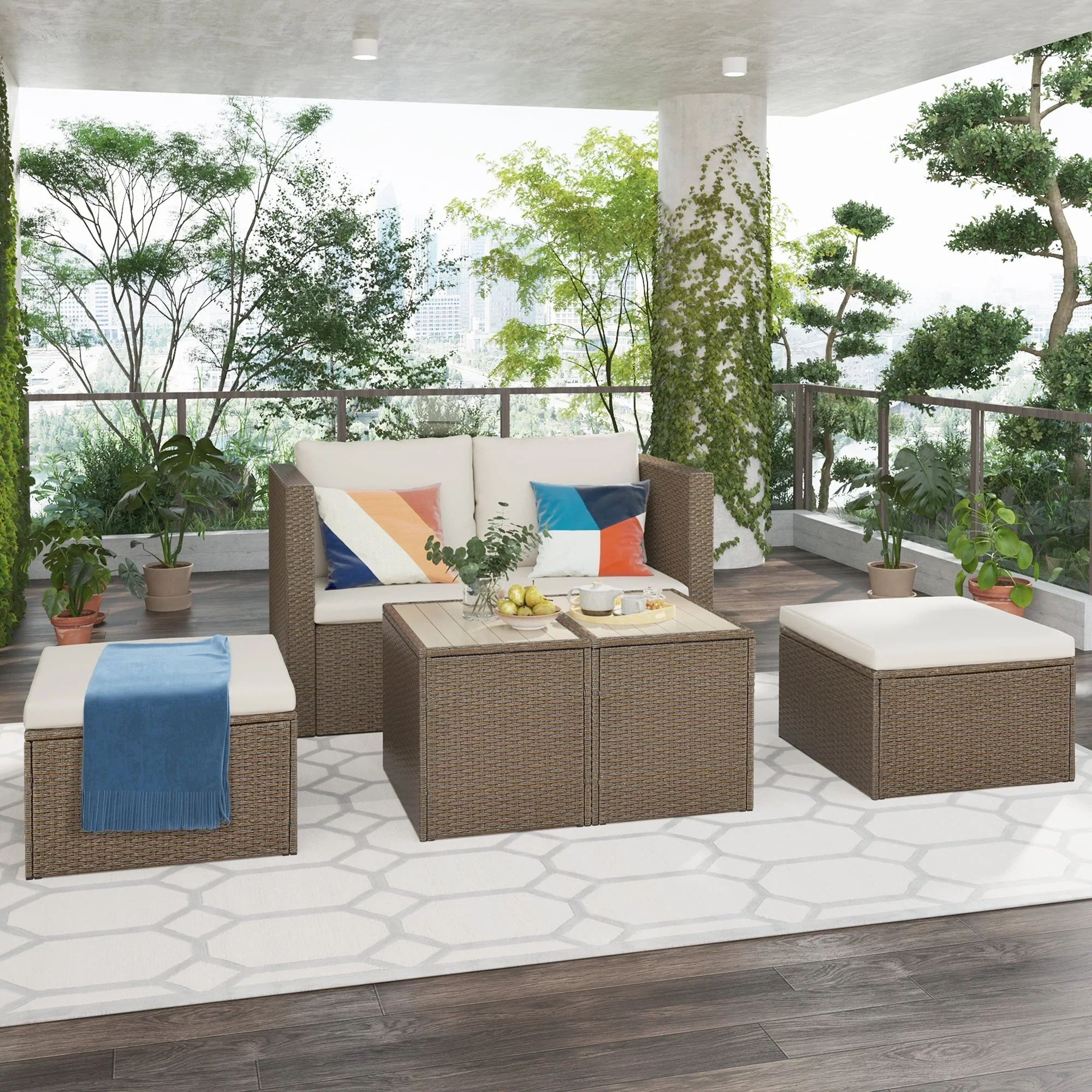 Churanty Outdoor 6 Pieces PE Wicker Rattan Sectional Sofa Set with 2 Tables, Garden Convertible Couch Furniture Set, Brown Wicker+Beige Cushion