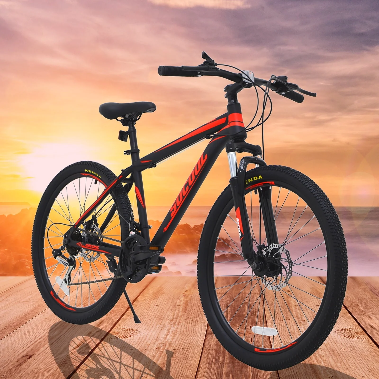 Feildoo Adult Mountain Bike, 26 - Inch Wheels, 21 Speed, Steel Frame, Dual Disc Brake City Road Bicycle, Black and Red