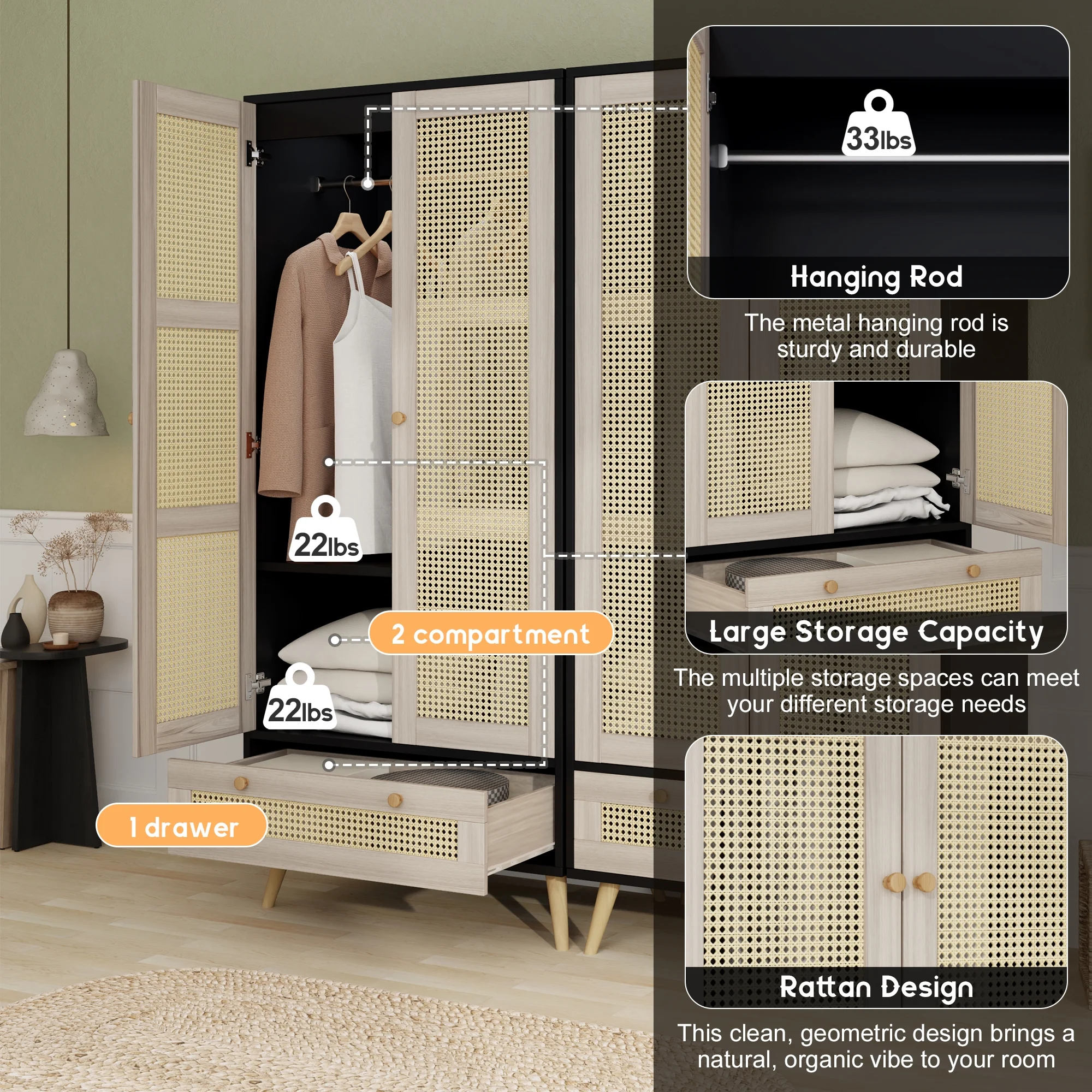 Accent Cabinet with Rattan Doors Drawer, Modern Storage Armoire for Living Room, Bedroom, Natural Wood Finish - Image 2
