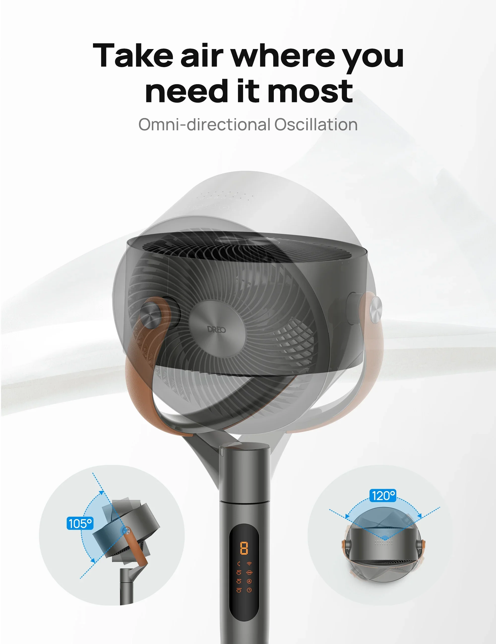 Dreo Pedestal Fan with Remote, 43'' Quiet Standing Fan for Home Bedroom, 120��+105�� Smart Oscillating Floor Fans with Wi-Fi/Voice Control, Works with Alexa/Google, 6 Modes, 8 Speeds, 12H Timer