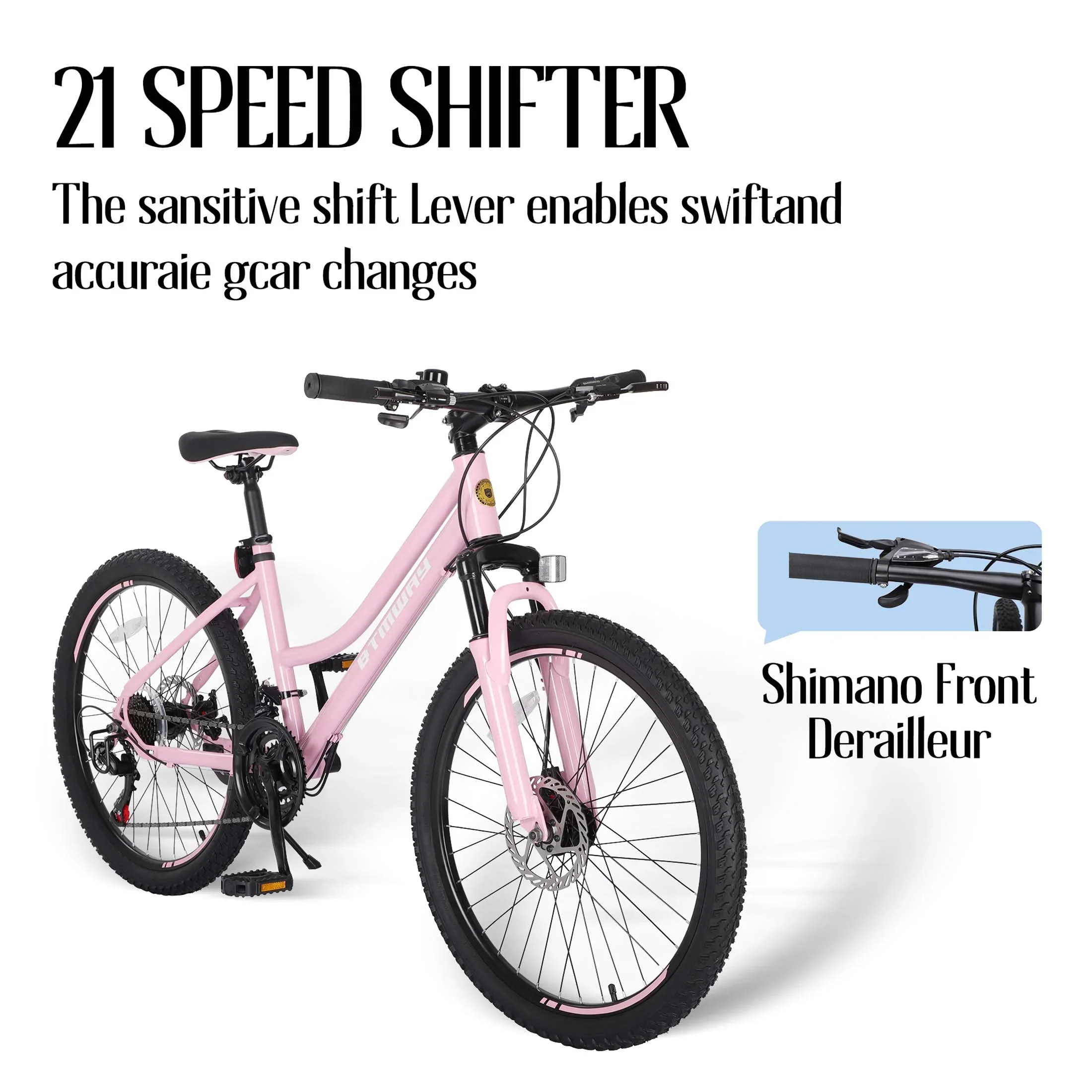 iRerts 24 Inch Mountain Bike, Shimano 21 Speed Mens Mountain Bike, Gear MTB Mens Bicycle with Dual Disc Brakes and Front Suspension, Pink