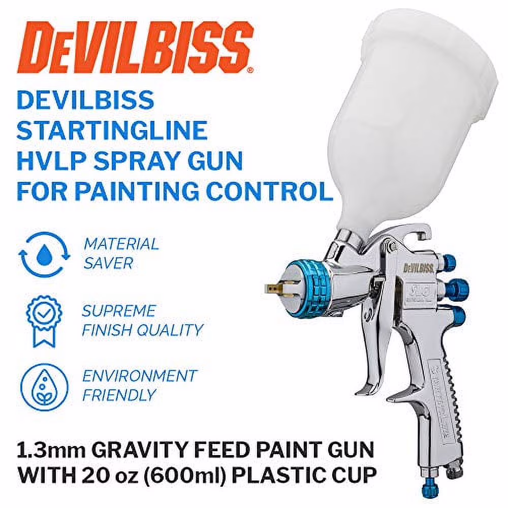DeVilBiss STARTINGLINE HVLP Spray Gun for Painting Control 1.3mm Gravity Feed Paint Gun with 600milliliter Plastic Cup