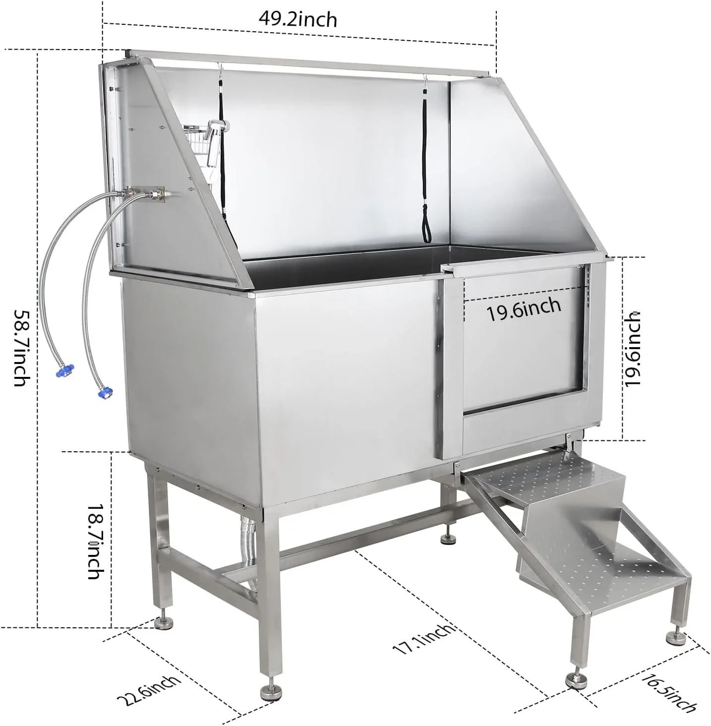 Baignoire professionnelle en acier inoxydable pour chiens avec rampe, robinet et douchette – Station de lavage pour animaux de compagnie de 127 cm (50 pouces)