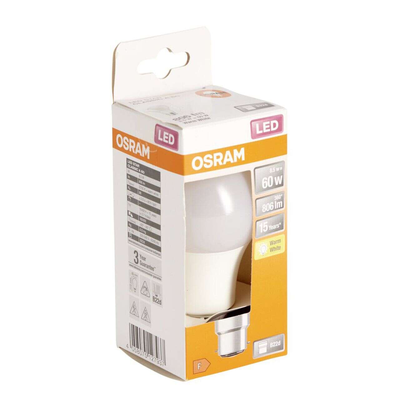 Ampoule LED B22 A60 blanc chaud Osram 8,5W=60W 806lms classe F