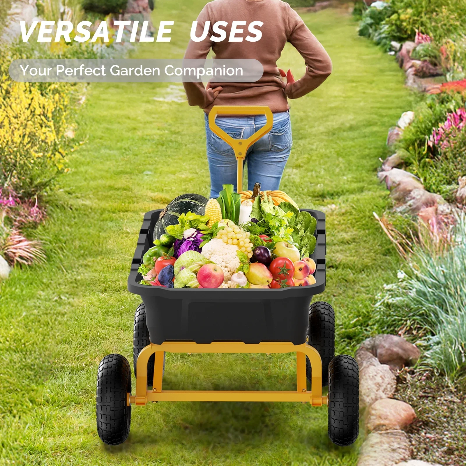 Zimtown 770 lbs Garden Dump Cart 4 Wheel All Terrain Steel Frame Quick Release, Yellow & Black