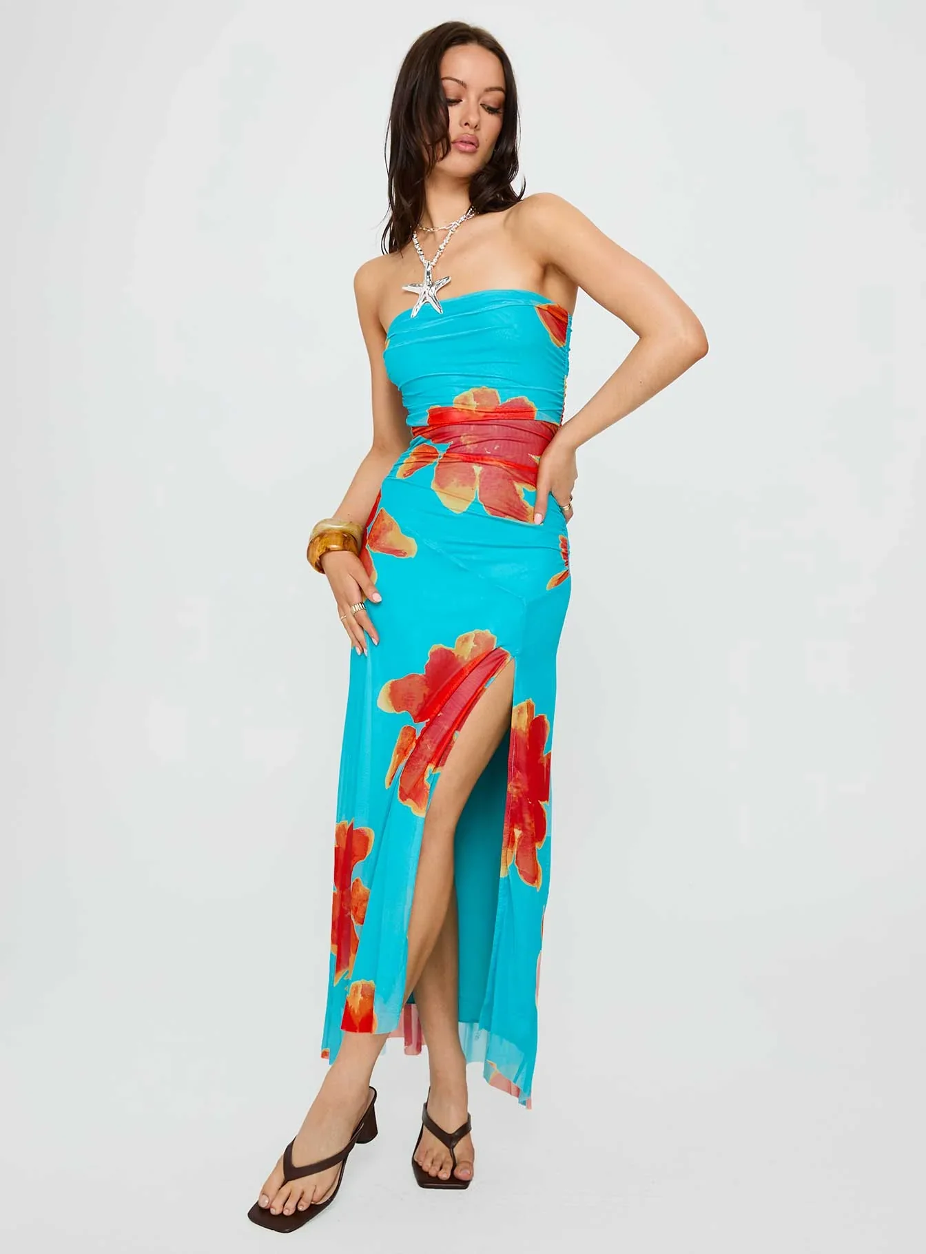 Katara Strapless Maxi Dress Blue / Orange Floral
