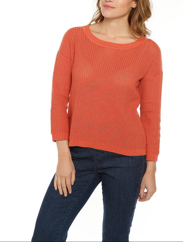 Pull femme coton ajouré orange ocre