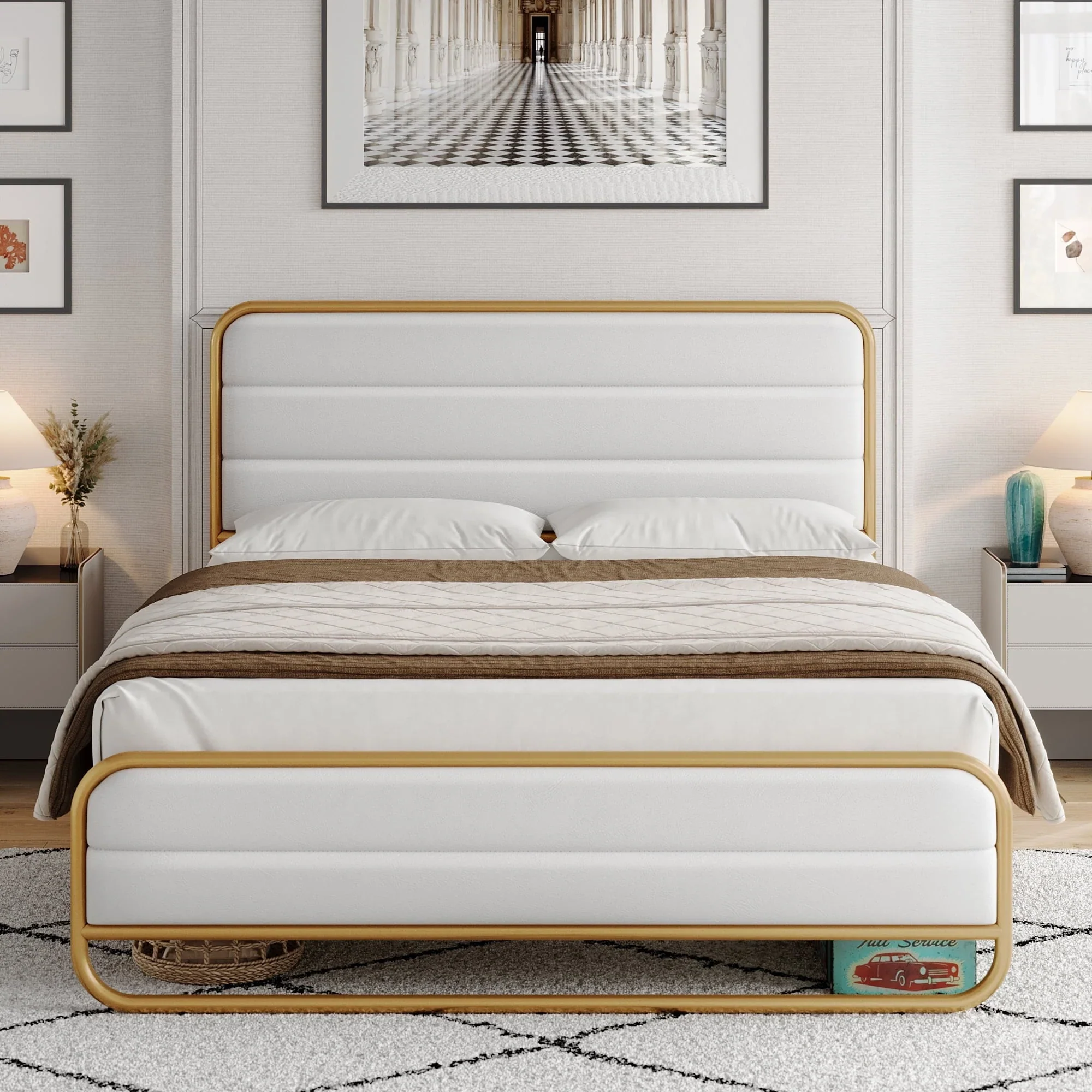 Homfa Queen Size Bed Frame, Gold Metal Tubular Platform Bed with PU Leather Upholstered Headboard, 10.6 Under Bed Storage, White