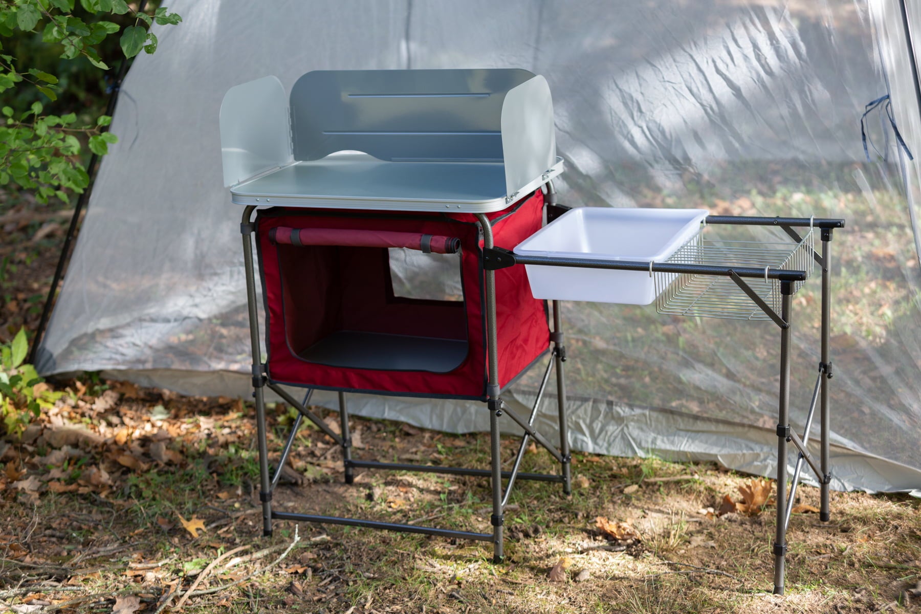 Trail Deluxe Camping Kitchen with Storage. Silver and Red. 31 Height x 13 width x 8.25 length