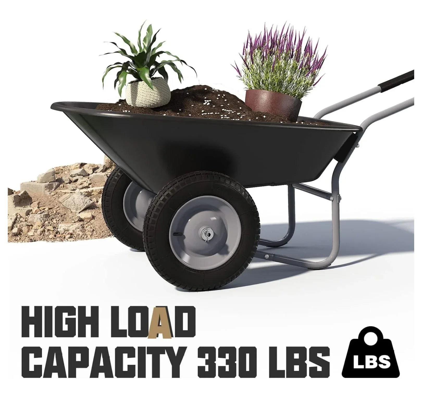 Enlarged 2-Wheel Wheelbarrow, Easy Loading and Dumping Garden Cart, Heavy Duty Utility Dump Cart for Outdoor Lawn Yard Farm Ranch, Black