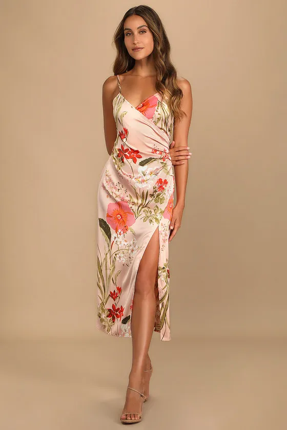 Remarkable Entrance Pink Floral Print Satin Midi Dress