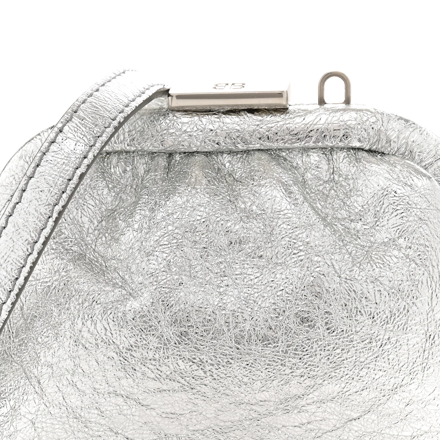 Metallic Textured Calfskin Logo Cloud Coin Purse With Strap Silver