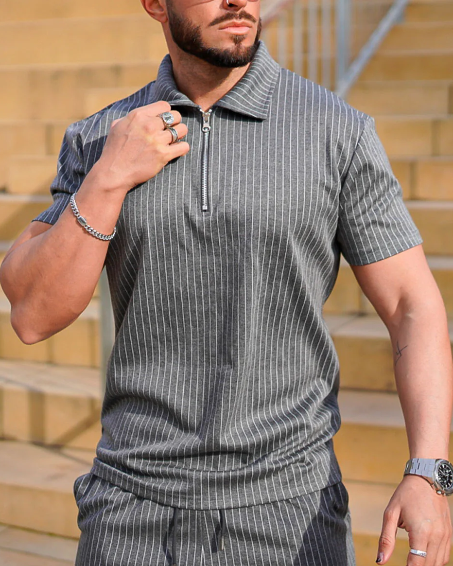 Costume polo d'été à rayures verticales gris foncé pour homme Suitmens