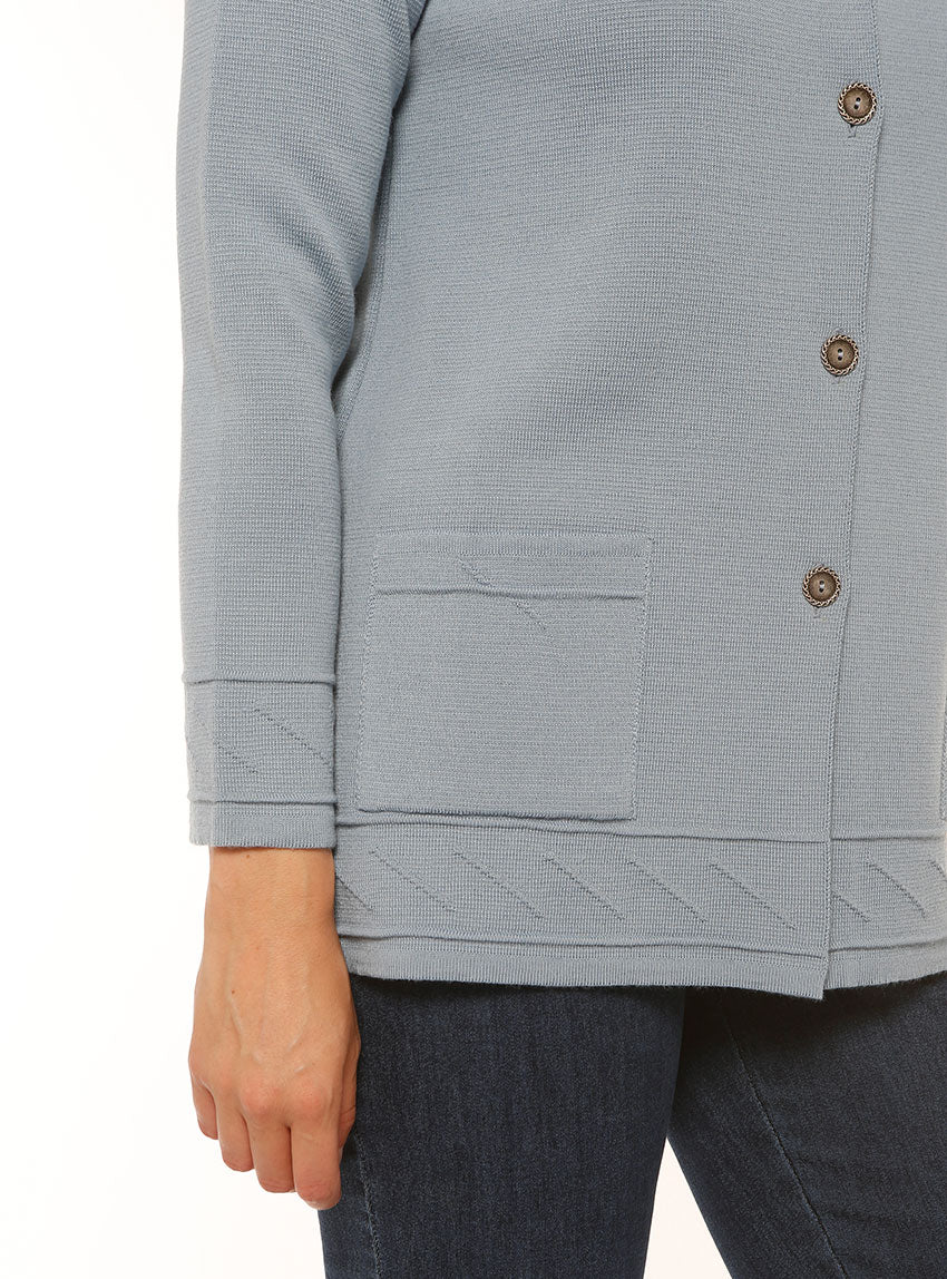 Veste longue femme en laine bleu brume