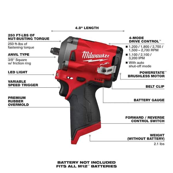 M12 FUEL 12 Volt Li Ion Brushless Cordless Hammer Drill/Impact Driver/Impact Wrench/Ratchet Combo Kit (5 Tool) Image 4