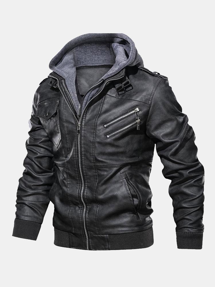 Veste en cuir PU à capuche amovible et fermeture éclair