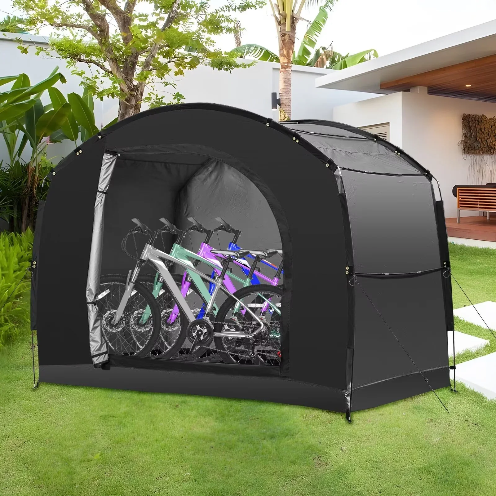 NAIZEA Large Bike Storage Tent, 47 Depth Storage for 6 Bikes Waterproof Outdoor Bicycle Cover, Lawn Mower Garden Tools Shed, Backyard Storage Room Tent Shelter W/Fixing Peg & Rop