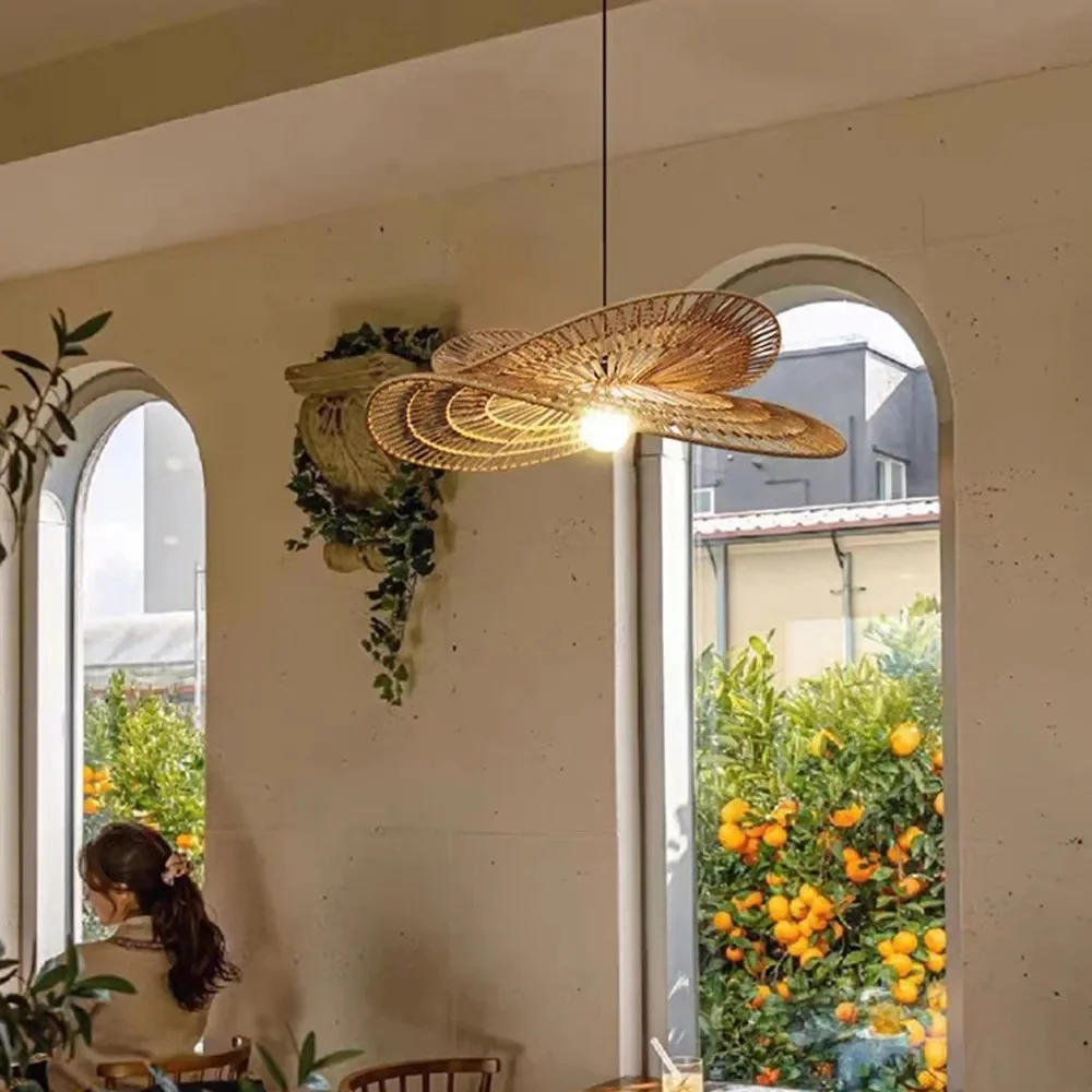 Arturesthome Vintage Handmade Rattan Woven Creative Double-Layer Straw Hat Pendant Light