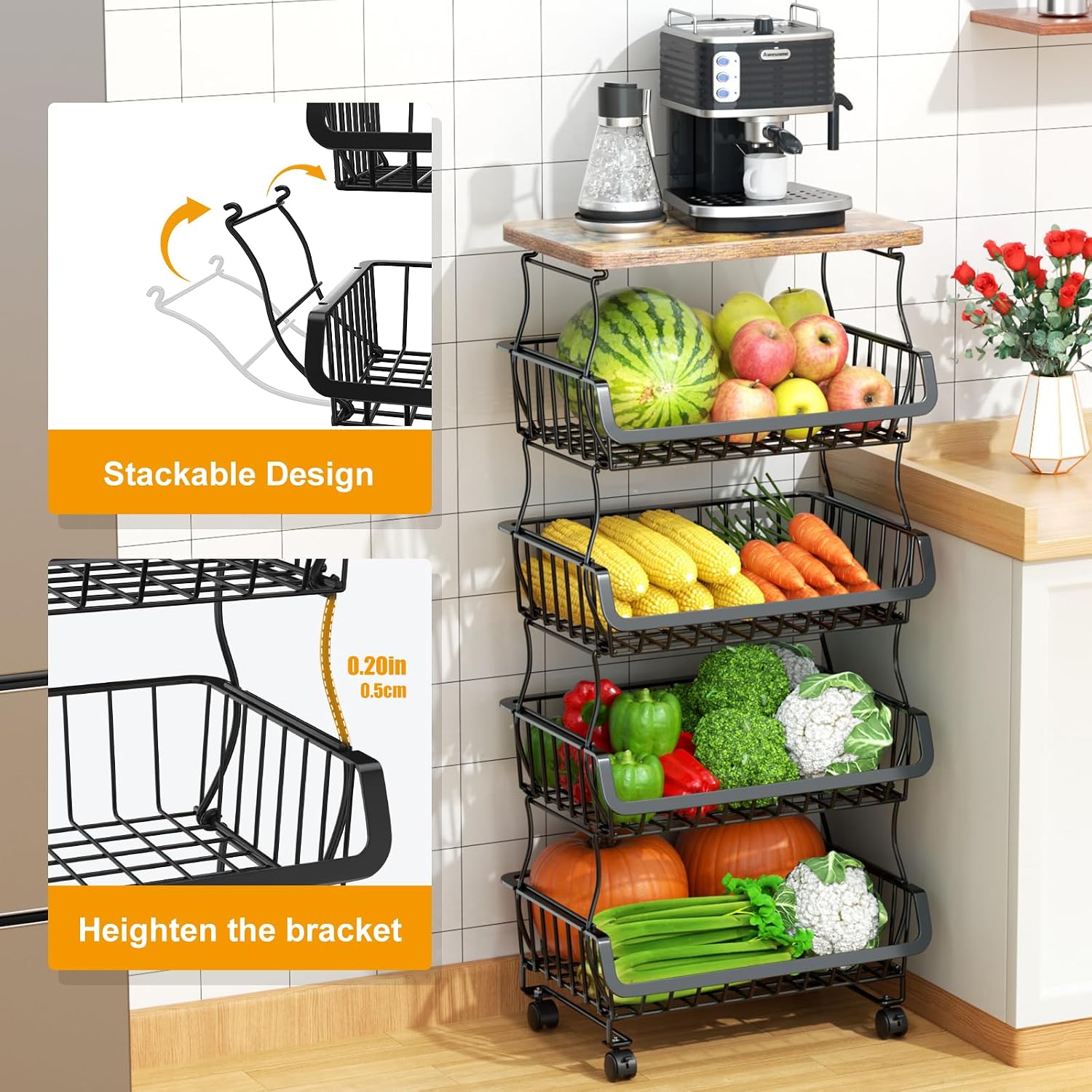 Gsiekare 5 Tier Fruit and Vegetable Basket for Kitchen with Wheels