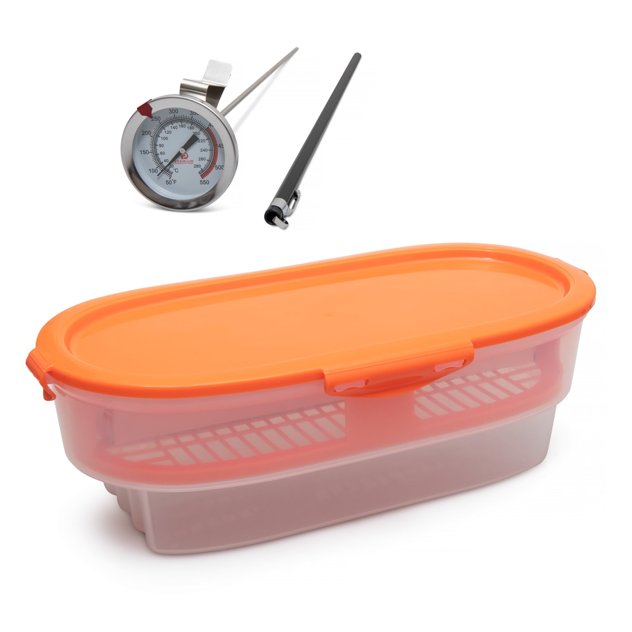 Products Corp Easy Breader Batter Bowl All-in-1 Mess Breading Station Tray Snap-Shut Lid with Silicone Ring For Coating Fried or Baked Food With Deep Fry Cooking Thermometer